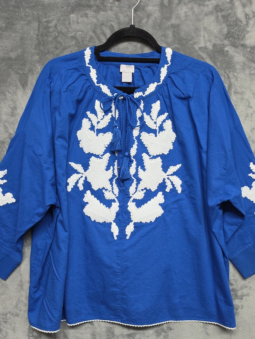Chico's Royal Blue Peasant Blouse with White Embroidery